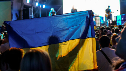 Cheerful crowd cheering. Hands up. Silhouette, night, evening event