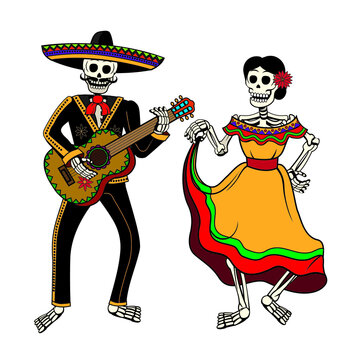 mexican skeleton couple playing guitar and dancing