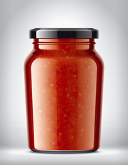 Glass Jar on Background with Tomato Sauce