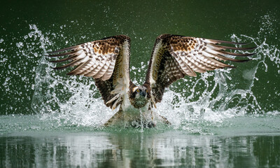 A front view photo of an osprey hunting fish and emerging from splashed water with its wings spread...