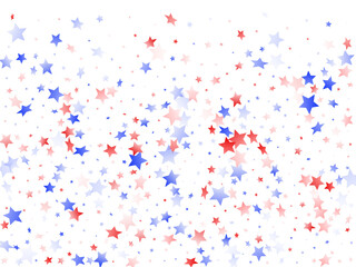 Flying red blue white star sparkles on white vector american patriotic background.