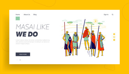 Obraz na płótnie Canvas Masai African Characters Landing Page Template. Africa Group of Warriors from Samburu Tribe in Kenya Wear National Costumes with Spears Demonstrate Traditional Jumps. Linear People Vector Illustration