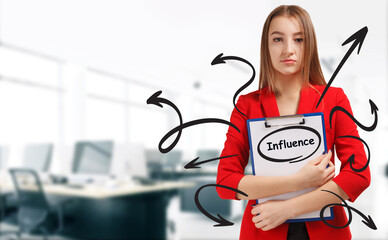 Business, technology, internet and network concept. Young businessman shows a keyword: Influence