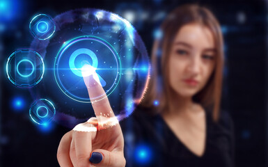 Business, Technology, Internet and network concept. Young businessman working on a virtual screen of the future and sees the inscription: