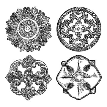 Set of Baroque ancient vintage style floral circular and rhombus or square design elements. Marble rosettes drawing for fashionable pattern in black white for textile, scarves, backgrounds. Vector.