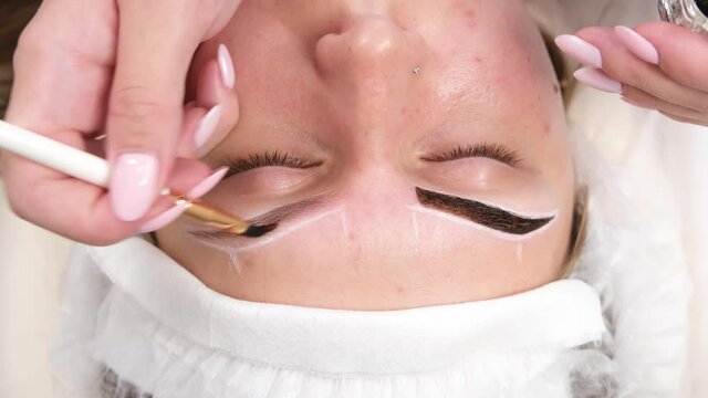 Permanent make-up for eyebrows of woman with thick brows in beauty salon. Closeup beautician doing coloring tattooing eyebrow.