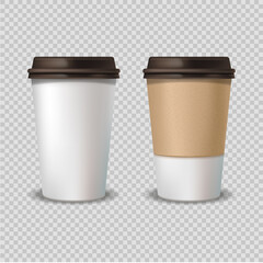 Empty label white paper coffee cup, Set of plastic containers of coffee. Isolated mockup in a transparent background. Stock vector illustration.