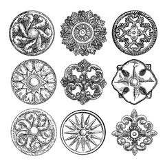 Set of Baroque ancient vintage style floral circular and rhombus or square design elements. Marble rosettes drawing for fashionable pattern in black white for textile, scarves, backgrounds. Vector.