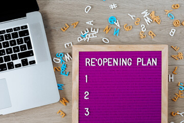 Reopening plan 1,2,3 text on purple letter board. Business concept. Service, restaurant, shop and cafe re-opening. Reopening of the place after the quarantine due to covid-19. Message we're open.