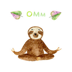 Watercolor cute sloth in yoga pose Funny sloth meditating on the mat among tropical leaves.  Tropical yoga animal illustration. for logo, website backgrounds, web pages, printing on fabric