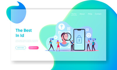 Facial Recognition Technology Landing Page Template. Tiny Characters Scanning Face Id on Smartphone. Identification of Person Through System of Verification. Cartoon People Vector Illustration
