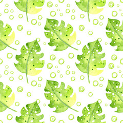 Seamless pattern with watercolor green tropical leaves and plants, dense jungle. Hand painted leaf yellow and pink. Texture with tropic  may be used as background, wrapping paper,wallpaper design. 