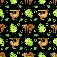 Seamless tropical pattern with funny Baby animals sloth hanging on the tree includes. Adorable cartoon animal on black background. Watercolor rainforest set of cute sloths. For printing on fabric