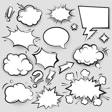 Set of comic speech bubbles and elements with halftone shadow effect in transparent background. Comic bubble collection word empty set design. Word bubbles, retro comic shapes. Think and speak clouds