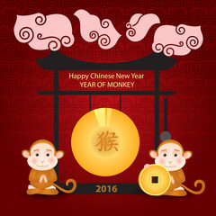 Happy New Year! The year of the monkey. Poster design. Monkey hieroglyph on chinese gong, card design