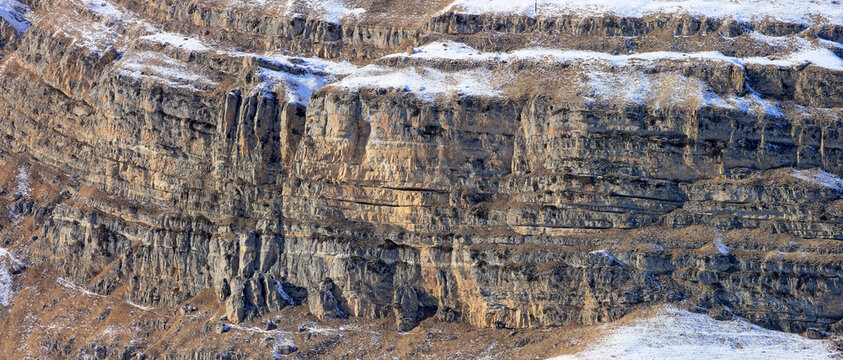Azerbaijan. Beautiful snowy cliffs. Kusar district. Panorama.
