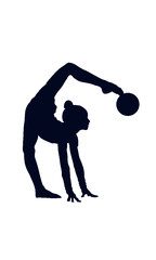 Silhouette of a gymnast who stands on one leg in a twine with an object ball