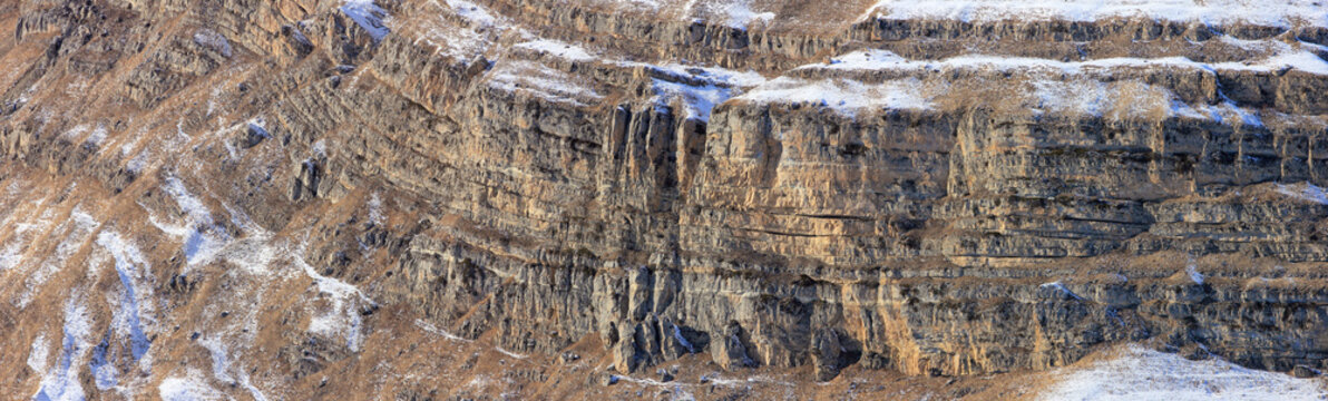 Azerbaijan. Beautiful snowy cliffs. Kusar district. Panorama.
