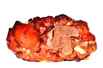 Roasted smoked pork knuckle isolated on white background.