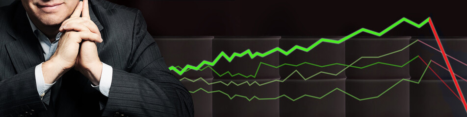 Obraz premium Smart politician or businessman with crude oil barrels on black background. Crude oil and petroleum industry concept