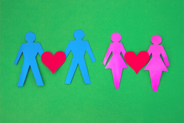 demonstrations same sex couples in love on green background. Human rights and tolerance concept.