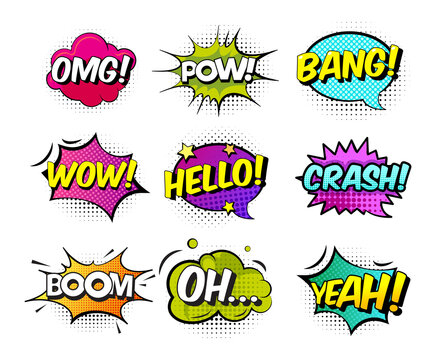 Collection of nine multicolored comic sound Effects. Comic sound effects in pop art vector style. Sound bubble speech with word and comic cartoon halftone expression sounds illustration