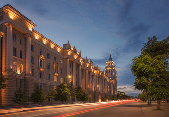 Fototapeta premium City landscape with a beautiful large building with lighting in the city of Voronezh