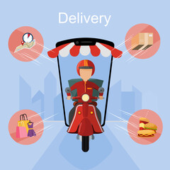 Vector and illustration of fast delivery by scooter or motorcycle on mobile phone in flat cartoon style. Online delivery service and e-commerce concept