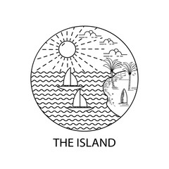  summer vacation on a tropical island beach with sailboat monoline vector illustration