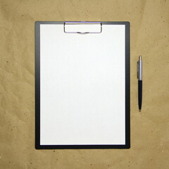 A tablet with a white sheet of A4 format with pen on a beige craft paper. Concept of analysis, study, attentive work. Stock photo with empty place for your text and design.