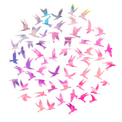 Watercolour silhouette of flying birds on white background. Inspirational body flash tattoo ink. Vector.