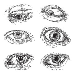Set of human eyes for design of all seeing eye symbols variations. Alchemy, religion spirituality and occultism tattoo ink art collection. Vision of providence and third eye. Vector.