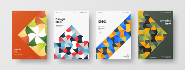 Fototapeta premium Company identity brochure template collection. Business presentation vector A4 vertical orientation front page mock up set. Corporate report cover abstract geometric illustration design layout bundle.