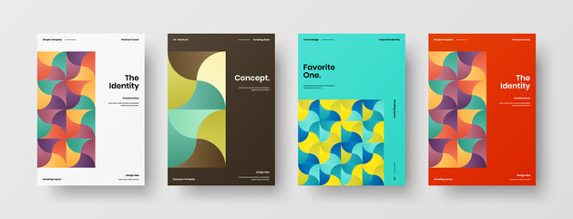 Obraz premium Company identity brochure template collection. Business presentation vector A4 vertical orientation front page mock up set. Corporate report cover abstract geometric illustration design layout bundle.