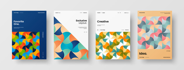 Fototapeta premium Company identity brochure template collection. Business presentation vector A4 vertical orientation front page mock up set. Corporate report cover abstract geometric illustration design layout bundle.