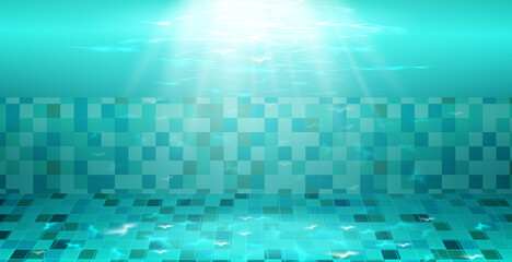 Fototapeta na wymiar Swimming pool with blue water, ripples and highlights. Texture of water surface and tiled bottom. Overhead view. Summer background. 