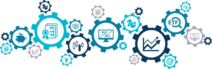 ETF vector illustration. Concept with connected icons related to stock market, investment, exchange traded fund, financial market.