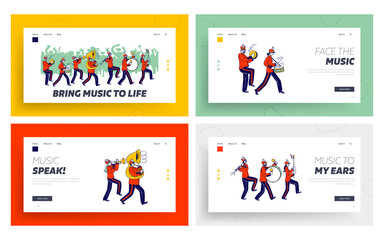 Orchestral March Parade Landing Page Template Set. Orchestra Characters Wear Festive Uniform Playing Trombone, Tambourine and Drum Instruments during or Public Event. Linear People Vector Illustration