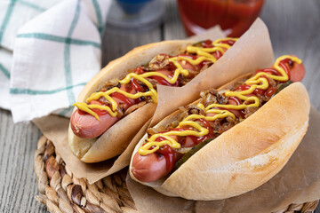 Barbecue Grilled Hot Dog with Yellow Mustard and ketchup