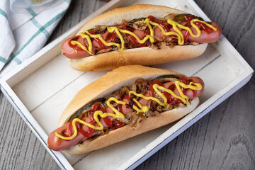Barbecue Grilled Hot Dog with Yellow Mustard and ketchup