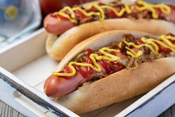 Barbecue Grilled Hot Dog with Yellow Mustard and ketchup