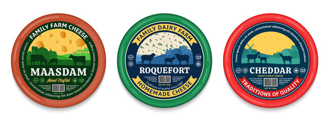 Vector cheese round labels and packaging design elements. Different types of cheese detailed patterns. Dairy farm illustrations with cows, sheep and goats