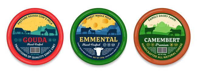 Vector cheese round labels and packaging design elements. Different types of cheese detailed patterns. Dairy farm illustrations with cows and calves