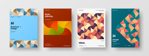 Naklejka premium Company identity brochure template collection. Business presentation vector A4 vertical orientation front page mock up set. Corporate report cover abstract geometric illustration design layout bundle.
