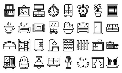 Bedroom icons set. Outline set of bedroom vector icons for web design isolated on white background