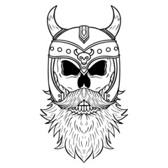 monochrome vector drawing of a viking skull with disheveled beard and helmet with horns. comic.