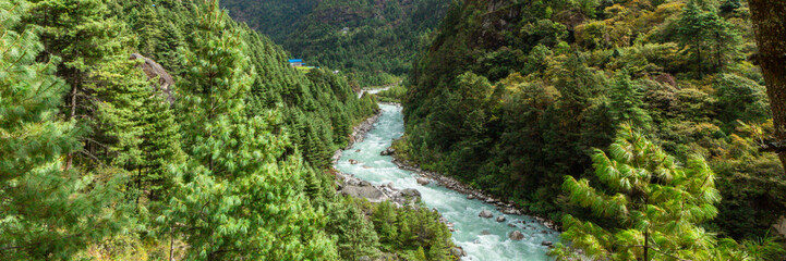 Fototapeta na wymiar Everest Base Camp trekking in Nepal. Web banner in panoramic view