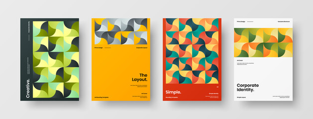 Fototapeta premium Company identity brochure template collection. Business presentation vector A4 vertical orientation front page mock up set. Corporate report cover abstract geometric illustration design layout bundle.
