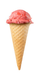 strawberries ice cream waffle cone on white background