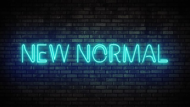 Neon new normal on brick wall. Night Club Bar Blinking Neon Sign. Motion Animation. Video available in 4K FullHD and HD render footage.
